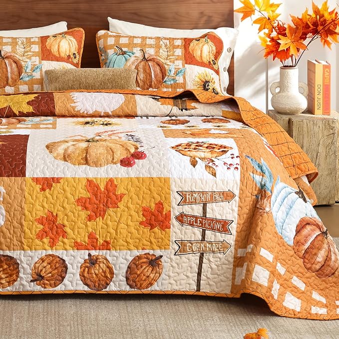 WONGS BEDDING Fall Thanksgiving Queen Quilt, Pumpkin Maple Leaves Bedspread | - Image 2