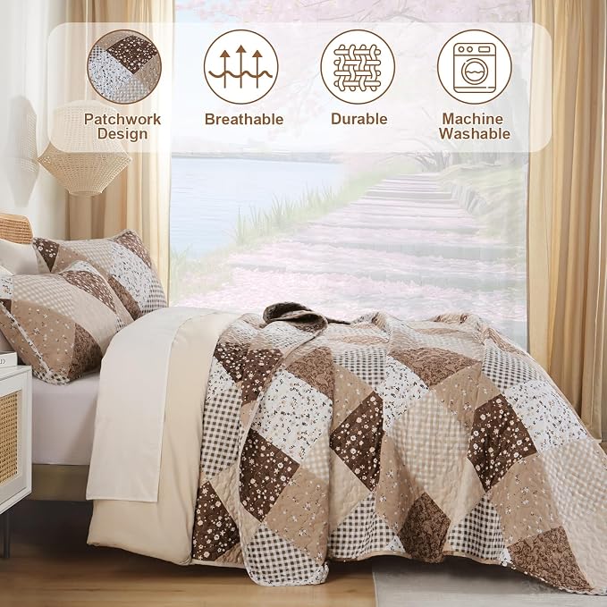 Dinjoy Boho Quilt Set King Size, Patchwork Floral Bedspreads, Reversible Summer - Image 3