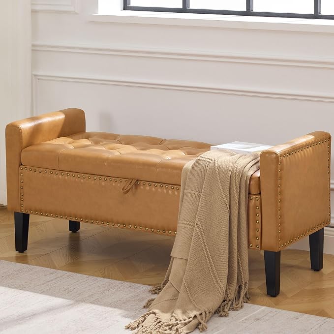 WUTUTUEE 47" Modern Water-Resistant Faux Leather Storage Ottoman Bench - Image 6