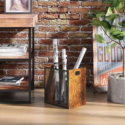 Huxitocan Retro Office Trash Can, Iron and Wood Combination Bedroom Garbage Can - Image 3