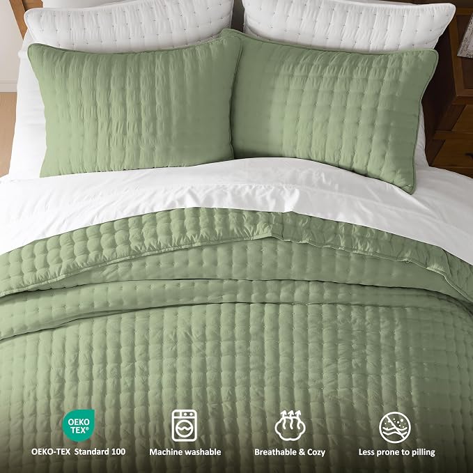 WDCOZY Sage Green Cloud Quilt Set Queen Size, Lightweight Soft Cross Stitch - Image 7