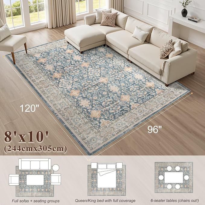 cotiled 8x10 Area Rug for Living Room, Traditional, Dark Blue | Soft Distressed - Image 9
