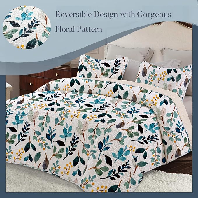 Whale Flotilla California King Size Quilt Set, Soft Floral Leaf Bedspreads | - Image 2