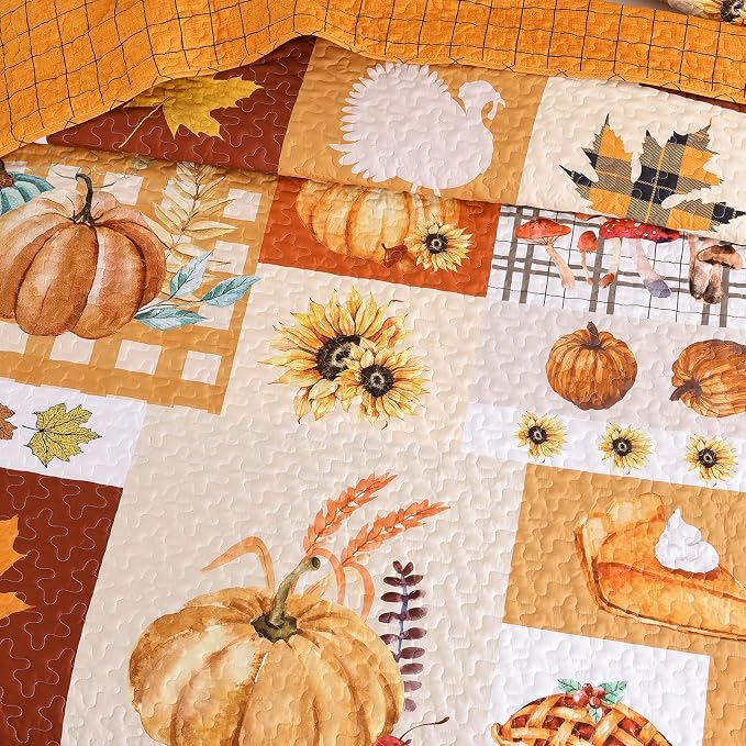 WONGS BEDDING Fall Thanksgiving Queen Quilt, Pumpkin Maple Leaves Bedspread | - Image 8
