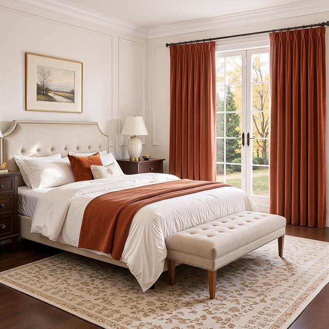 Burnt Orange Heavy Velvet Blackout Curtains, 108 Inches Long Pleated - Image 7