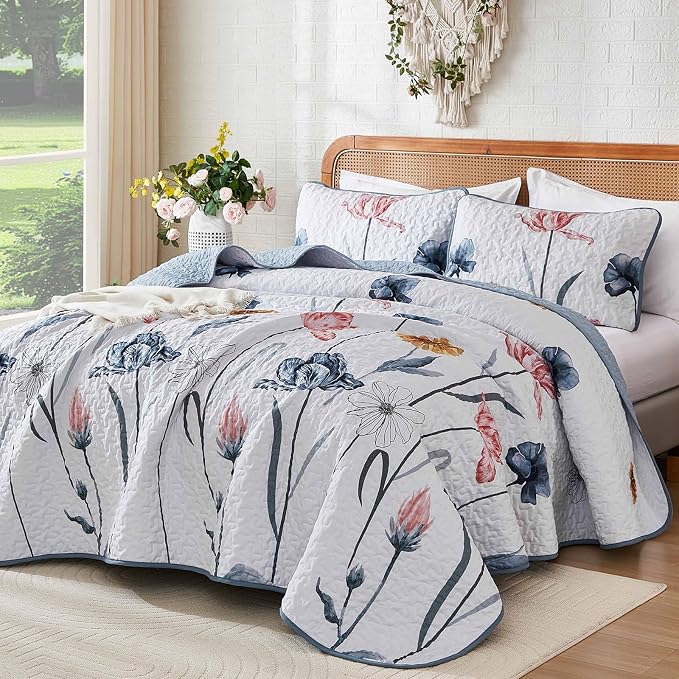 WONGS BEDDING Queen Size Quilt Set, 3-Piece Lightweight Botanical Bedspread | - Image 2