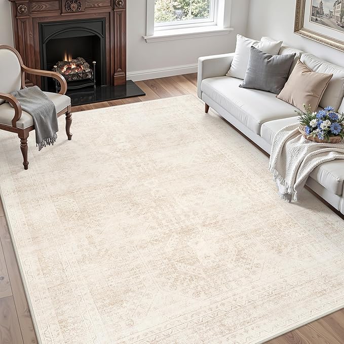 6x9 Area Rugs Living Room: Bedroom Neutral Washable Carpet Beige | Large - Image 3