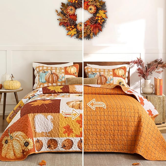 WONGS BEDDING Fall Thanksgiving Queen Quilt, Pumpkin Maple Leaves Bedspread | - Image 5