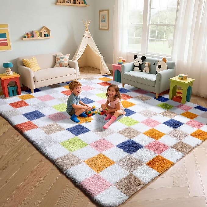 KICMOR Rugs for Living Room 5x7, Fluffy Soft Colorful Checkered Shag Area Rug by KICMOR