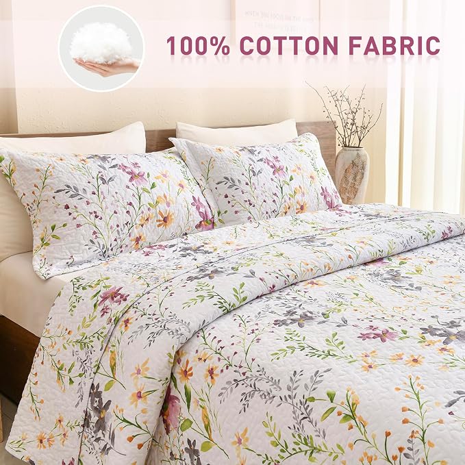 Lady Ann Wild Floral Printed Bed Quilt Sets Queen 100% Cotton Yellow Flower - Image 4