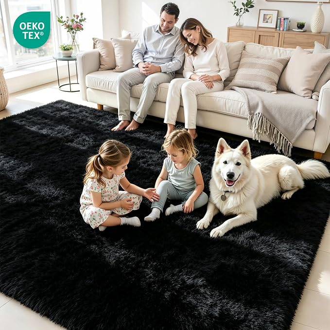 9x12 Fluffy Area Rug for Living Room: Soft Non-Slip Black Bedroom Carpet | - Image 4