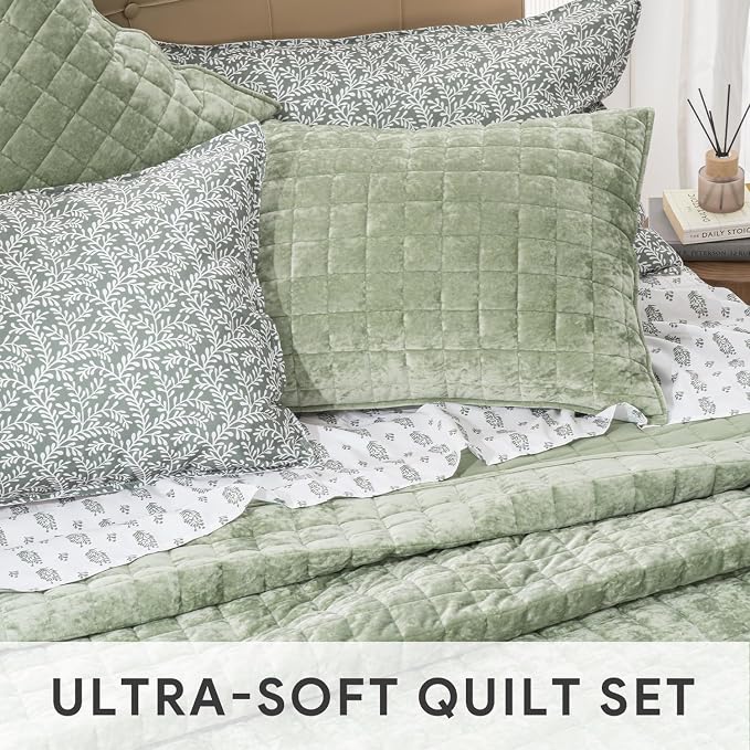 RECYCO Channel Box Stitch Velvet Quilt Set, King Size, Sage Green | Ultra Soft - Image 4