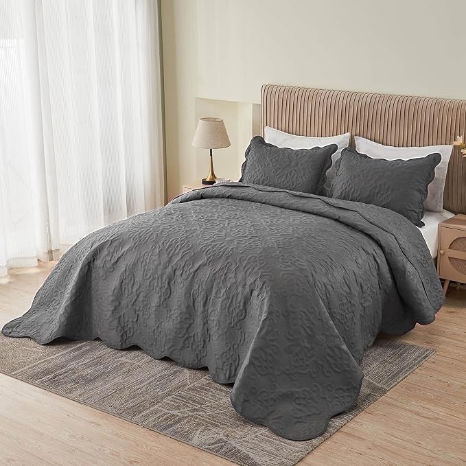 Kingnex 106x96 King Size Lightweight Bedspread Coverlet Set Dark Grey | 3 Pcs - Image 3