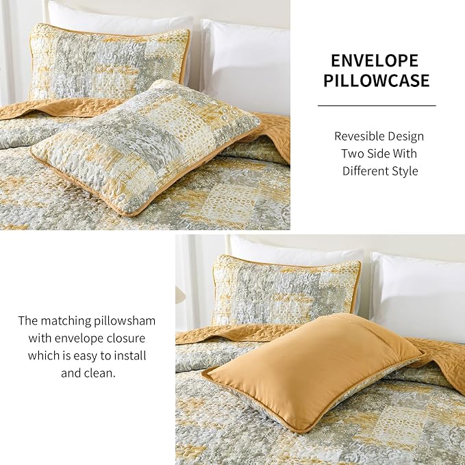 Mybedsoul Yellow Boho Quilt Set King Size 3 Pieces Grey and Yellow Plaid Floral - Image 6