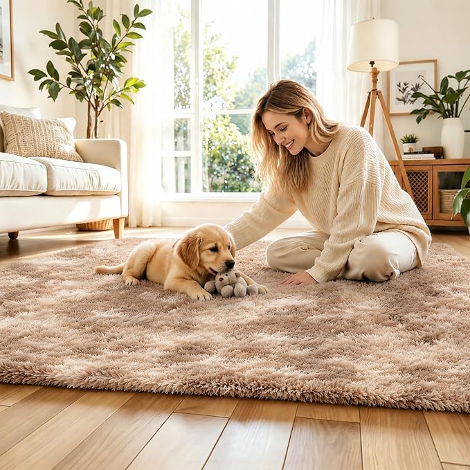 4x6 Area Rugs for Bedroom, Dark Beige Tie-Dyed Fluffy Shag Bedside Rugs | - Image 2