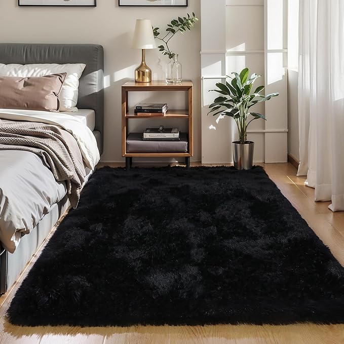 6x9 Black Shag Rug for Bedroom, Soft Plush Fluffy Washable Carpet | Black Area - Image 5