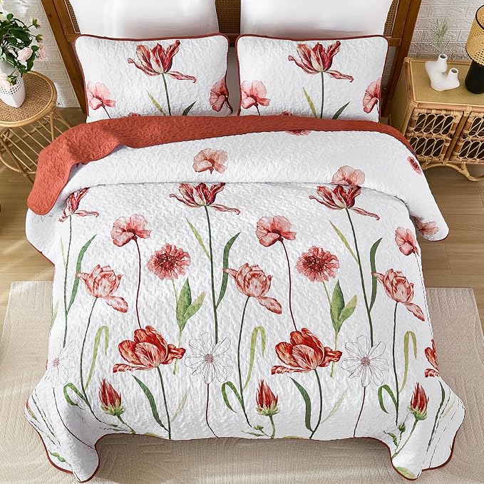 WONGS BEDDING Red Quilt Set Queen Size, Cute Red Floral Botanical Bedspread - Image 4
