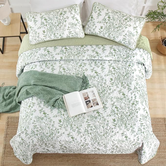 WONGS BEDDING Full Quilt Bedding Set, Sage Green Botanical Bedspread | Floral - Image 8