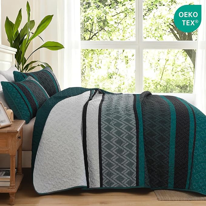 Dinjoy Boho Striped Quilts, Bedspread Queen Size Bedding Sets, Dark Green | 3 - Image 3