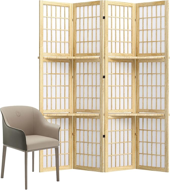 Room Divider with Shelves, 66.9-Inch Tall Japanese Shoji Style Wood Screen with - Image 7