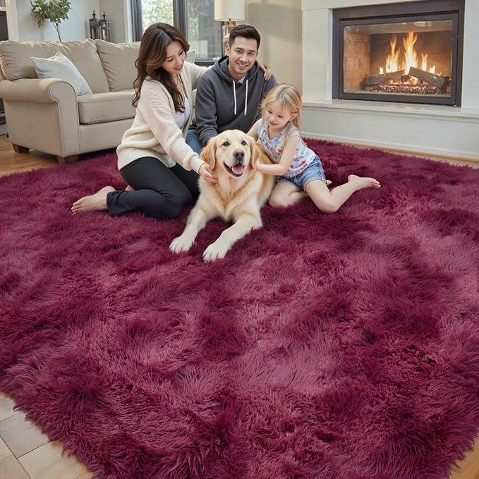 5x8 Burgundy Shag Area Rug for Living Room, Fluffy Plush Carpet | Non-Slip - Image 7