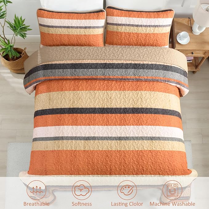 Dobuyly Striped Quilt King Size, Boho Orange Lightweight Bedspread Bedding | - Image 4