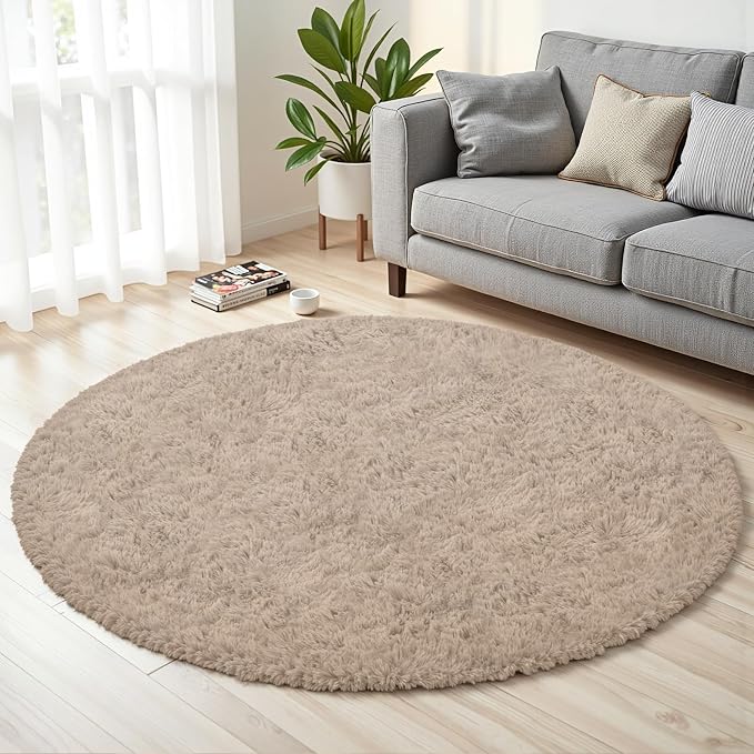 Beige Round Fluffy Rug 6ft Plush Fuzzy Shaggy Carpet | Soft Rugs - Image 2