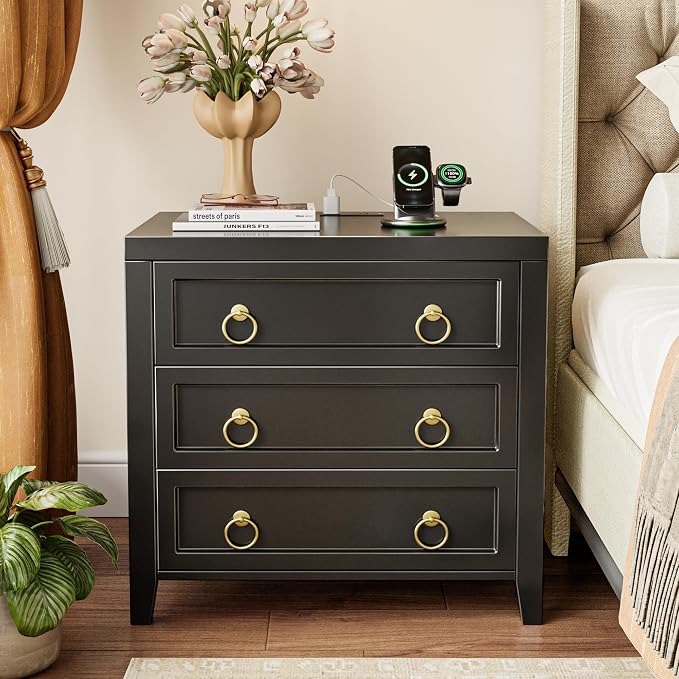 Huuger Night Stand with Charger Station and USB-C Port, 3 Drawer Nightstand | by Huuger