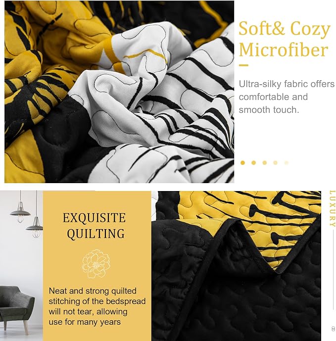 DJY Black Quilt Set King Gold Floral Pattern Quilt Coverlet Set Gorgeous Boho - Image 5
