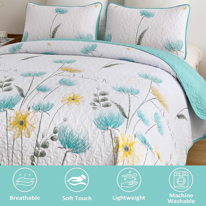 Dinjoy Floral Quilt Set Queen, Aqua Blue Bedspread Coverlet Set 3 Pieces | - Image 3