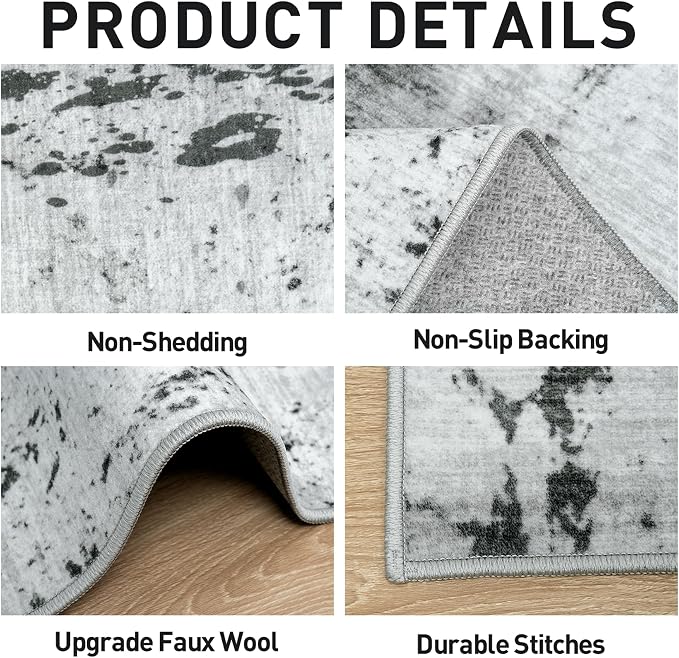 4x6 Area Rugs for Living Room: Washable Abstract Black White Grey Carpet | - Image 5