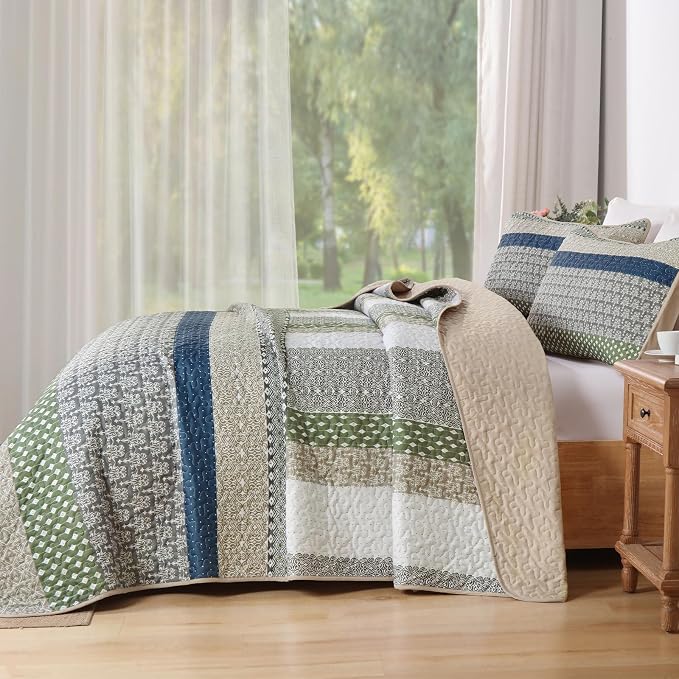 WONGS BEDDING King Quilt Set Khaki Green, 3 Pieces Striped Bedspread | Ultra - Image 3