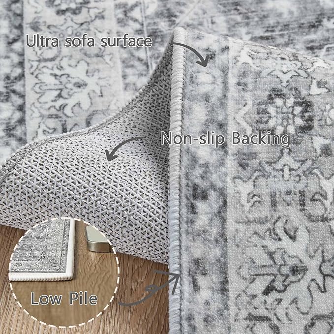 Latte&Fog 4x6 Area Rugs for Living Room, Vintage Washable Grey Rug | Non Slip - Image 9