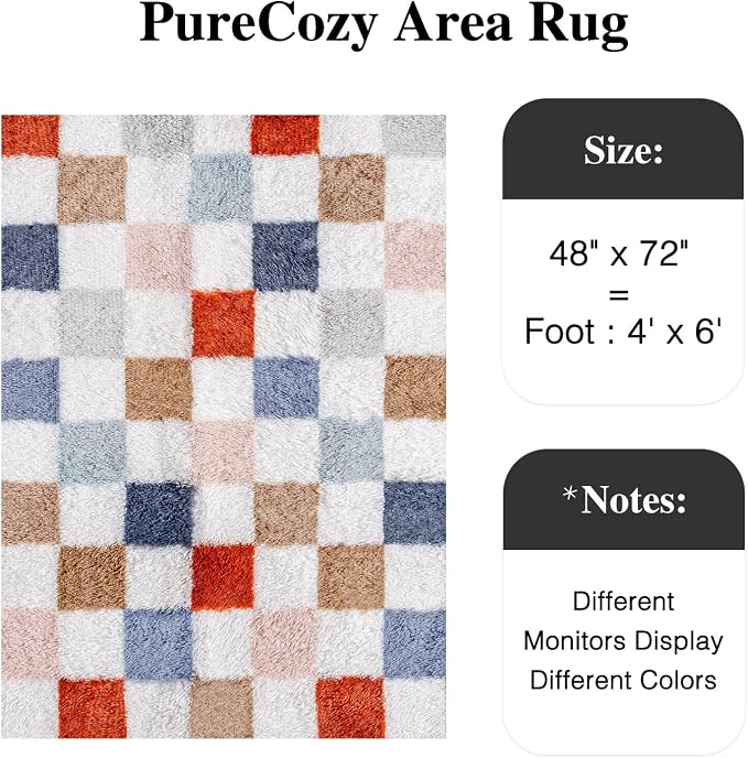 Checkered Area Rug 4x6 for Kids Room Soft Fluffy Shag Carpet | Machine Washable - Image 3