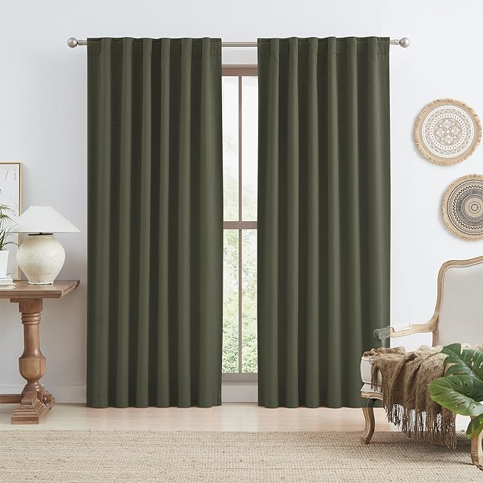 Dark Olive Green Blackout Curtains 84 Inches Long 2 Panels Set- Faux Linen by KEQIAOSUOCAI