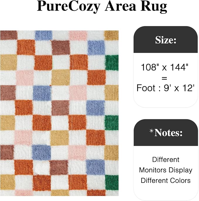 Colorful Area Rug 9x12 for Living Room Soft Checkered Shag Carpet | Machine - Image 3
