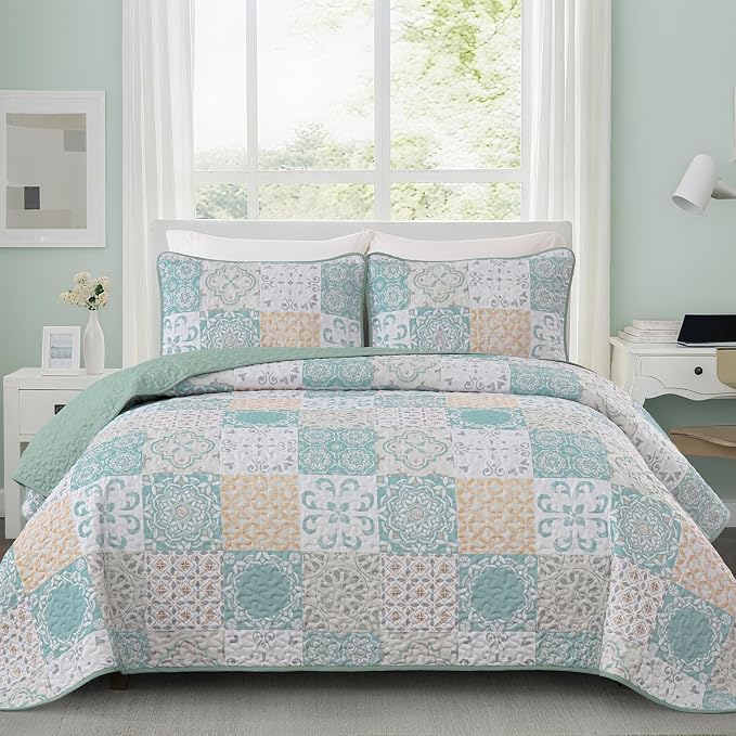 Dobuyly Patchwork Quilt Set Queen Size 3 Pieces Sage Green Yellow Boho Plaid by Dobuyly