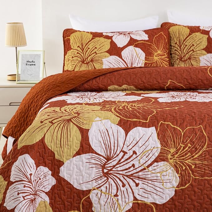 DJY 3 Pieces Fall Quilt Set California King Gold Floral Pattern Quilt Coverlet - Image 7