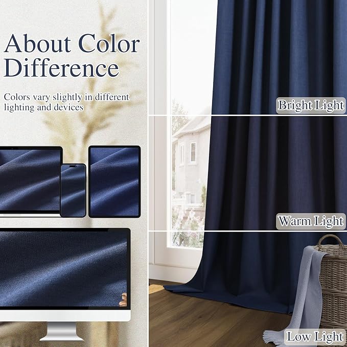 Navy Blue 100% Blackout Linen Curtains 102 Inch Length 2 Panels Set - Image 7