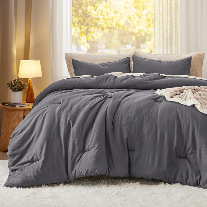 Bedsure Oversized Queen Comforter Set, Dark Grey Soft Prewashed Bedding - Image 2