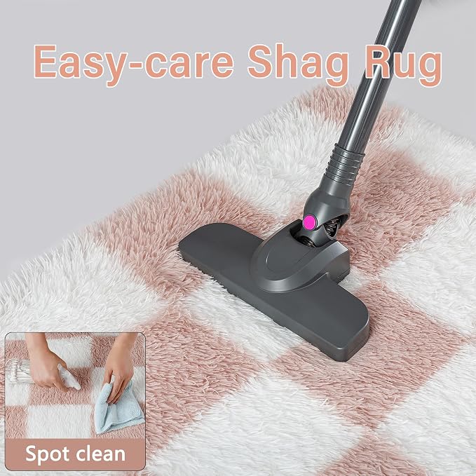Pink Area Rug 5x8 for Bedroom Soft Fluffy Checkered Shag Carpet | Machine - Image 8