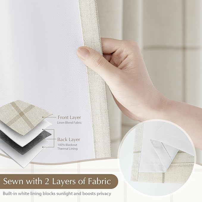 DriftAway 100% Blackout Plaid Linen Curtains 84 Inches Long 2 Panels Taupe | - Image 6