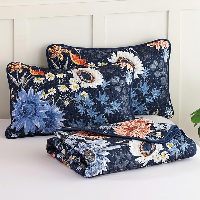 Yiran Navy Blue Sunflower Floral Quilt Set Queen Size | Botanical Bedspread - Image 8