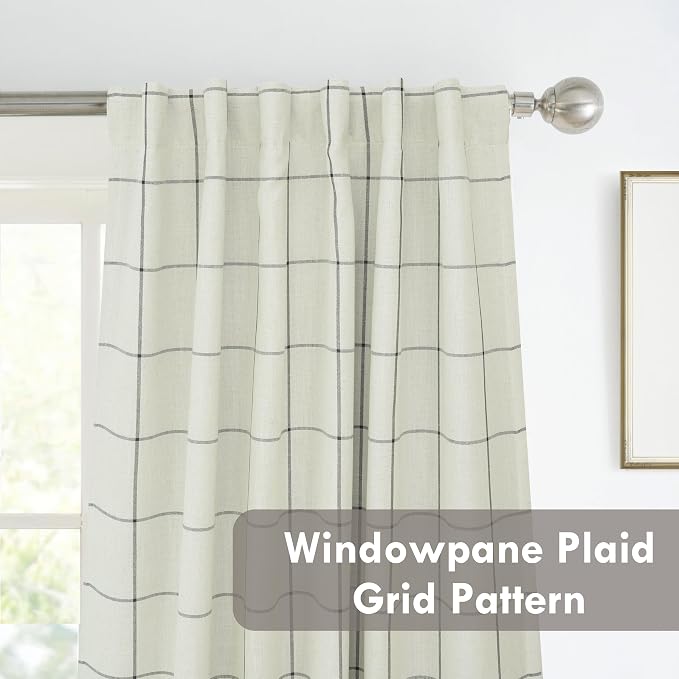 DriftAway 100% Blackout Windowpane Plaid Linen Curtains 54 Inches Black | - Image 7