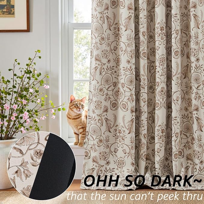 jinchan Taupe Floral Blackout Curtains 96 Inch Farmhouse Back Tab 2 Panels | - Image 3