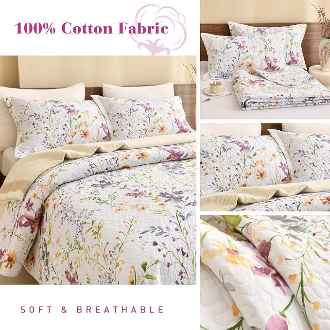 QSH 100% Cotton Quilt Oversized King Set-3Pcs Floral Bed Quilt California King - Image 5