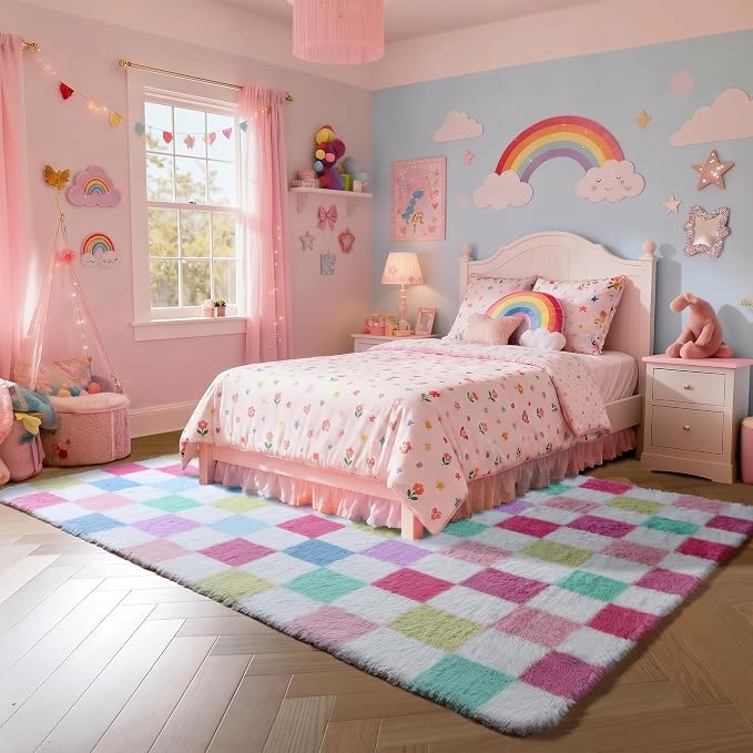 KICMOR Checkered Rug 8x10 for Living Room, Rainbow Colorful Fluffy Soft Large - Image 3