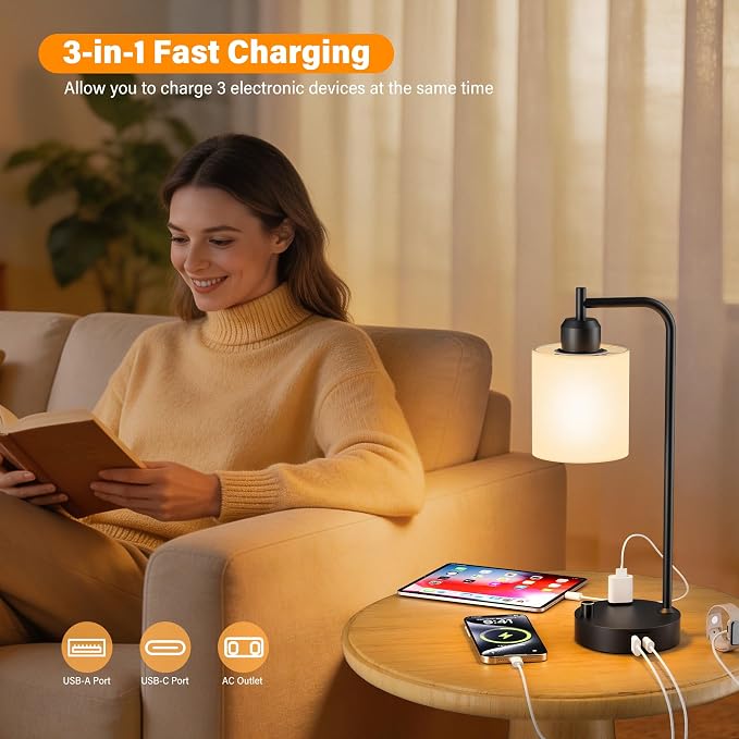 Industrial Table Lamps with Linen Shade, 2 LED Bulbs Included - Image 5