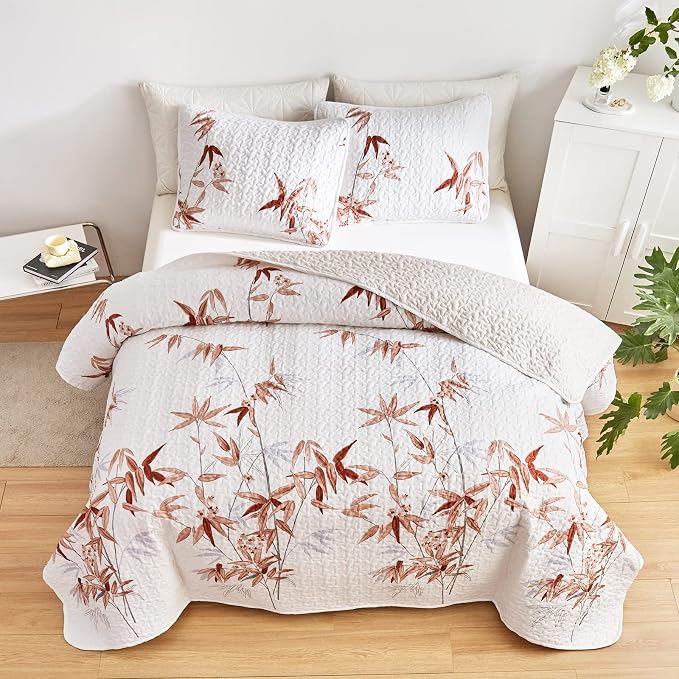 Botanical Quilt Set 2 Pieces Twin Size, Burnt Orange Leaves Printed on White - Image 4