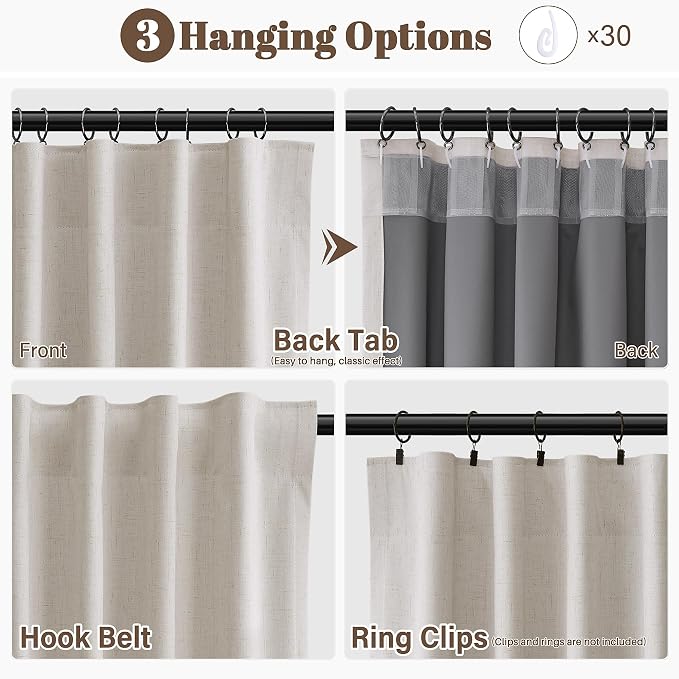 Cream 100% Blackout Linen Curtains 108 Inches Long Back Tab Hook Belt Farmhouse - Image 3
